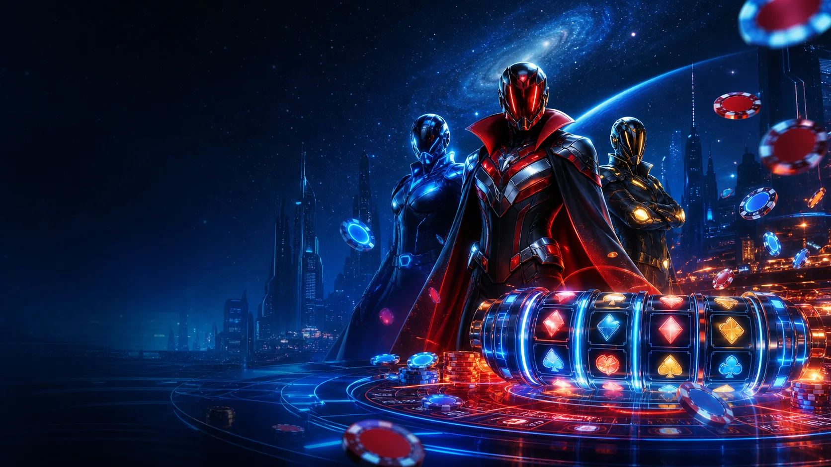 Abstrakte kosmische Kommandozentrale als visuelle Metapher für die Marvel Casino Lobby